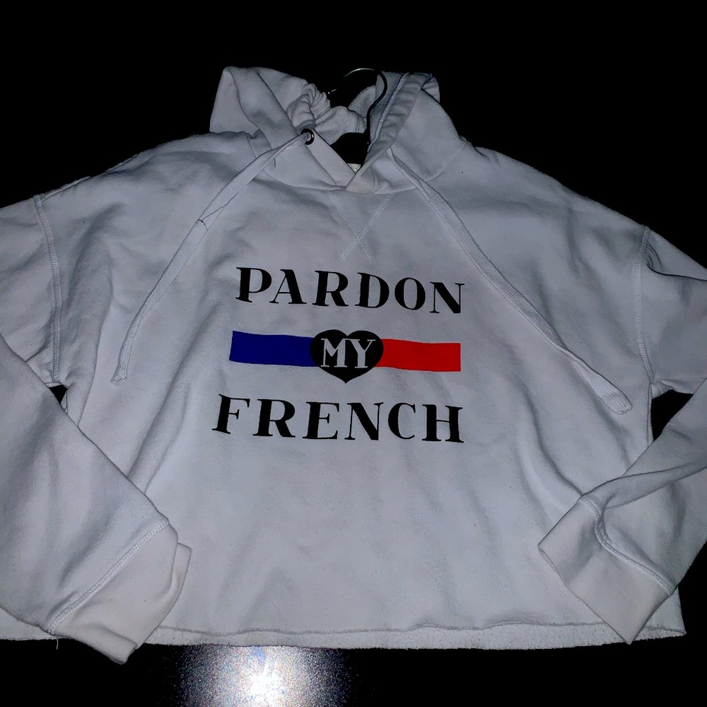 White “Pardon My French” Cropped Hoodie
